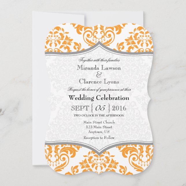 Orange Grey Damask Bracket Wedding Invite (Front)