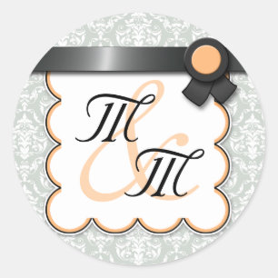 Orange & Grey Damask Double Monogram Stickers