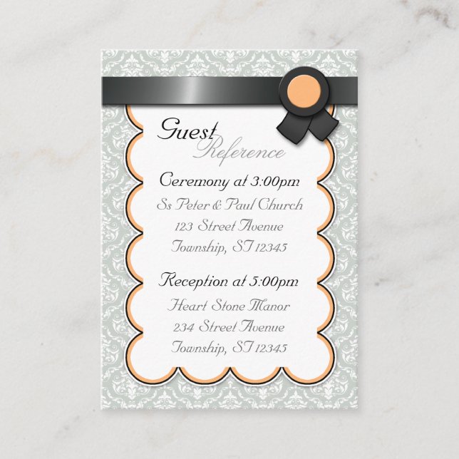 Orange & Grey Damask Wedding Guest Reference Cards (Front)