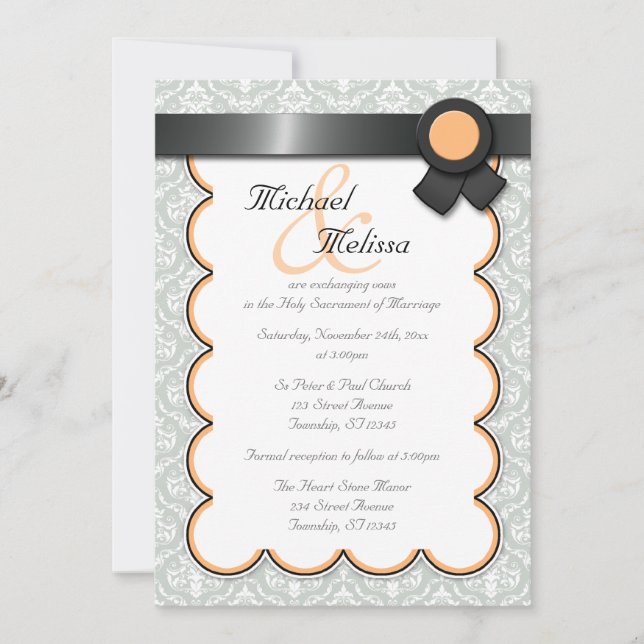 Orange & Grey Damask Wedding Invitations (Front)