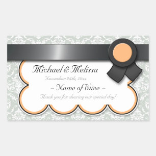 Orange & Grey Damask Wedding Wine Bottle Labels