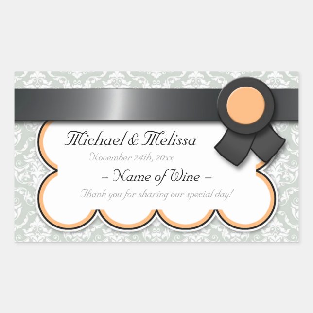 Orange & Grey Damask Wedding Wine Bottle Labels (Front)