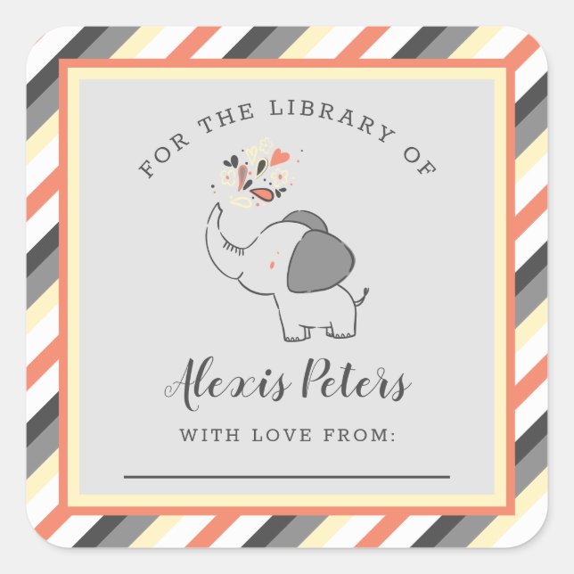 Orange Grey Elephant Baby Shower Library Bookplate Square Sticker (Front)