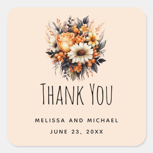 Orange Grey Floral Bouquet Wedding Thank You Square Sticker (Front)