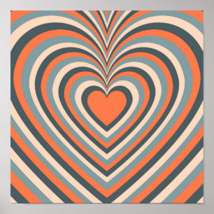 Orange Grey Hypnotic Heart Love Pattern Poster