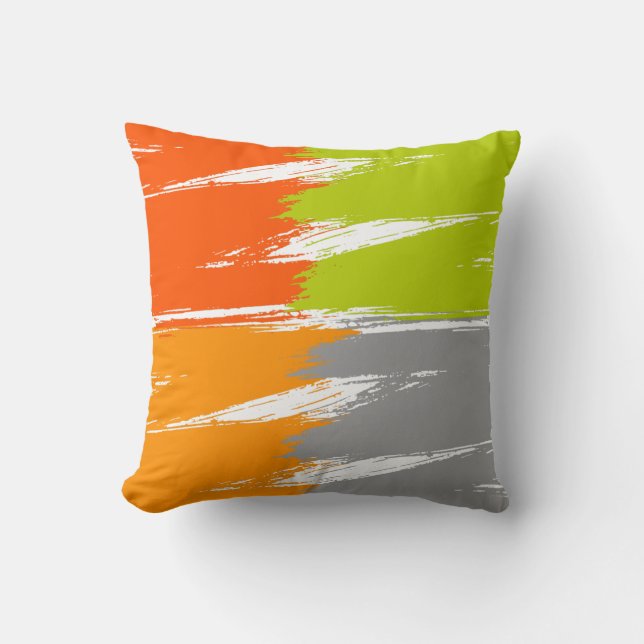 Orange Grey Lime White Brush Stroke Paint Cushion (Front)