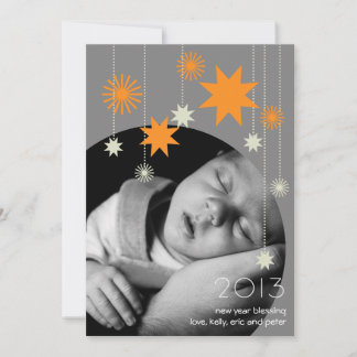 Orange grey modern star sparkle new year photocard holiday card