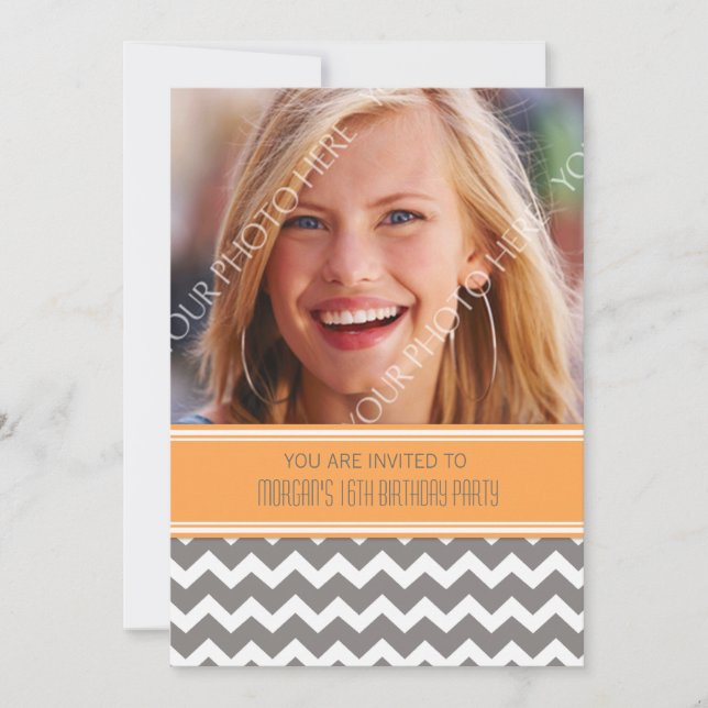 Orange Grey Photo 16th Birthday Party Invitations (Front)