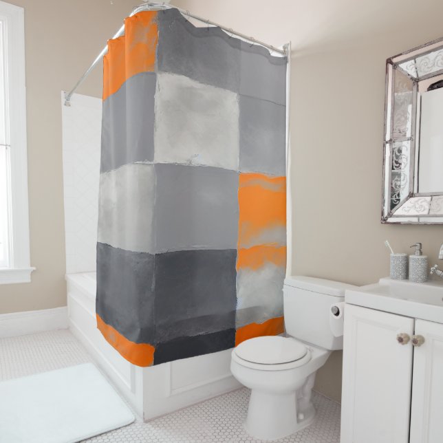 Orange Grey Plaid Abstract  Shower Curtain (In Situ)