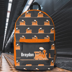 Orange grey steam train kids named  printed backpack