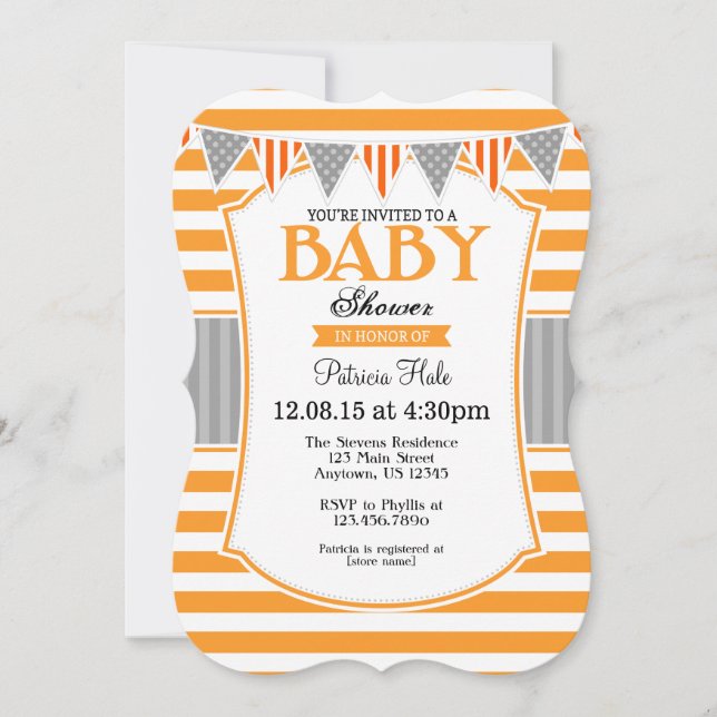 Orange Grey Stripes Baby Shower Invitation (Front)