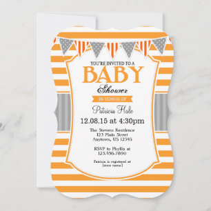 Orange Grey Stripes Baby Shower Invitation