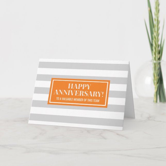 Orange Grey Stripes Employee Anniversary Card (Front)