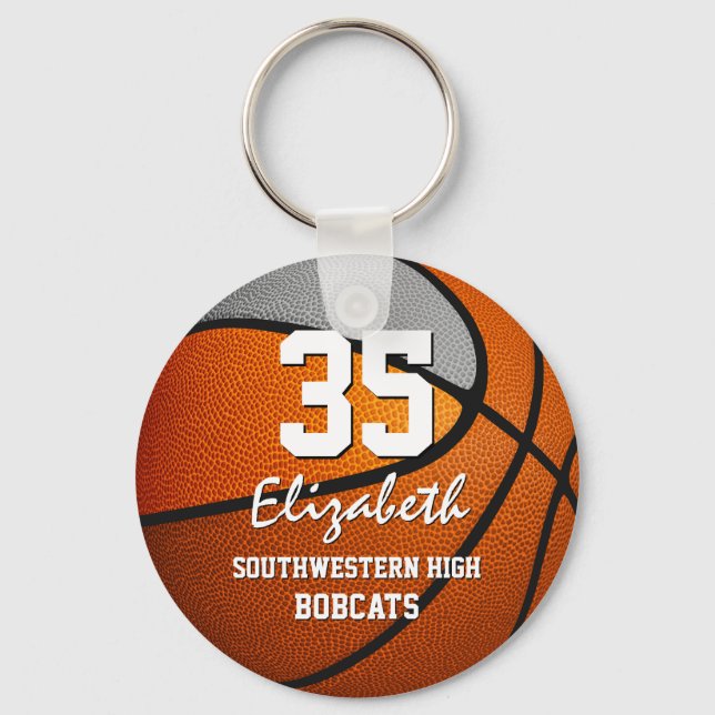 Orange grey team colours girls boys basketball key ring (Front)