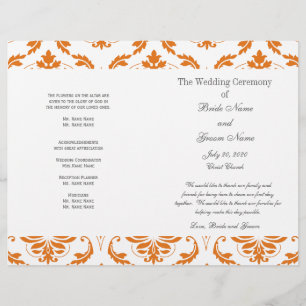Orange Grey Vintage Damask Wedding Program