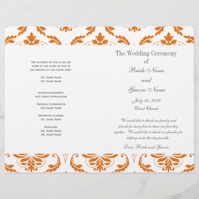 Orange Grey Vintage Damask Wedding Program (Front)