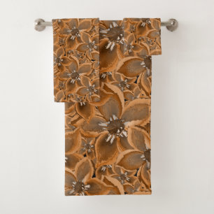 Orange, grey watercolor flowers. bath towel set