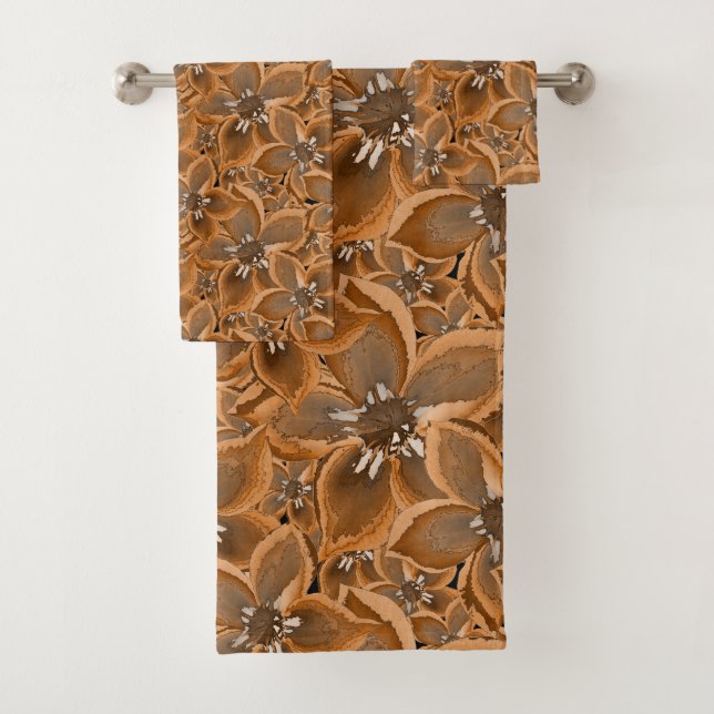 Orange, grey watercolor flowers. bath towel set (Insitu)