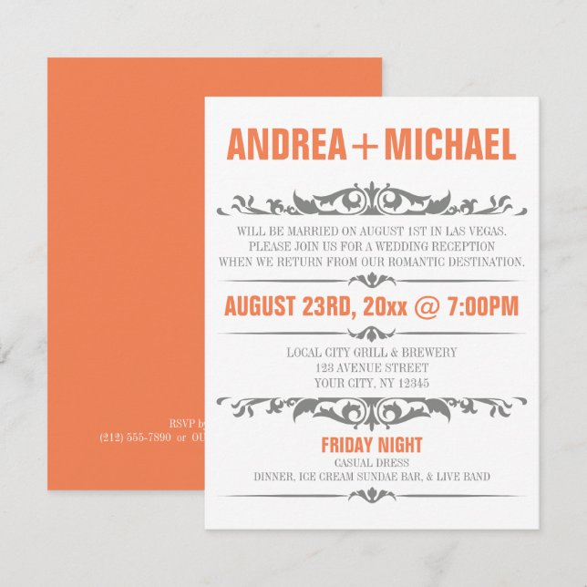 Orange & Grey Wedding Reception ONLY Invitations (Front/Back)