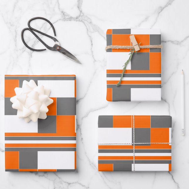 Orange Grey White Checks Stripes Geometric Pattern Wrapping Paper Sheet (Front)