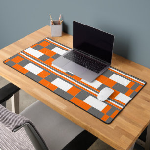Orange Grey White Chequered Stripes  Desk Mat