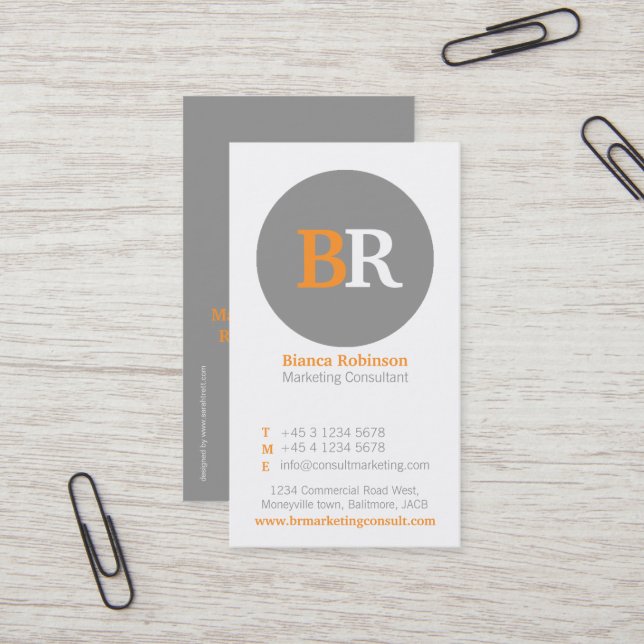 Orange, grey & white glass circle business card (Front/Back In Situ)