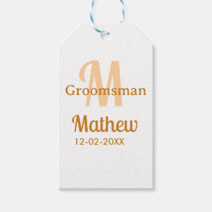 Orange groomsman name letter date masculine pastel gift tags