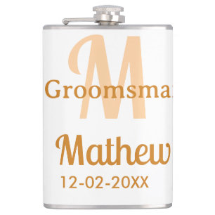 Orange groomsman name letter date masculine pastel hip flask