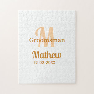 Orange groomsman name letter date masculine pastel jigsaw puzzle