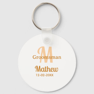 Orange groomsman name letter date masculine pastel key ring