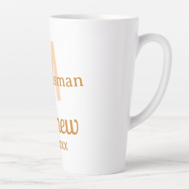 Orange groomsman name letter date masculine pastel latte mug (Right)