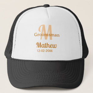 Orange groomsman name letter date masculine pastel trucker hat