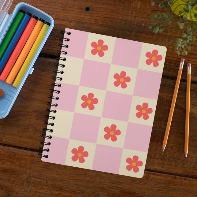Orange Groovy Daisy Flowers & Pink Chequered Notebook (Creator Uploaded)