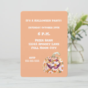 Orange Groovy Flowers Pumpkin Halloween party Invitation
