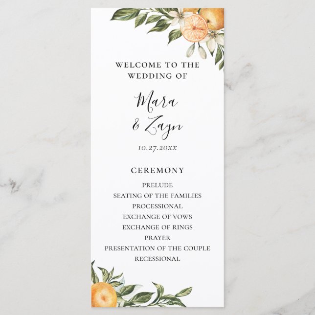 Orange Grove Citrus Botanical Wedding Programme (Front)