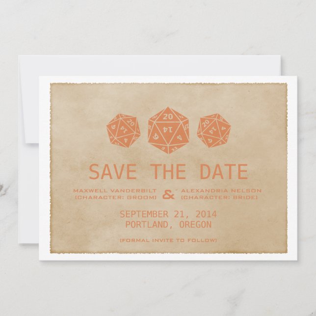 Orange Grunge D20 Dice Gamer Save the Date Invite (Front)