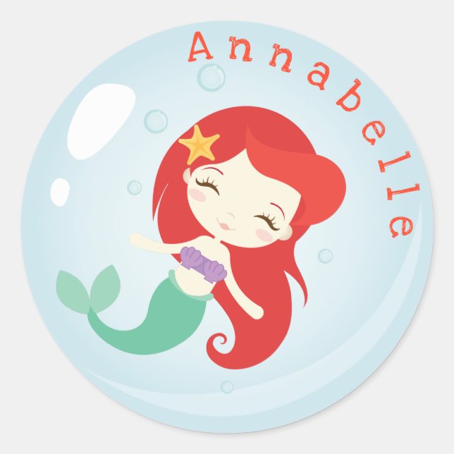 Orange Haired Mermaid Bubble Personalise Classic Round Sticker (Front)