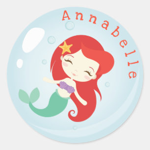Orange Haired Mermaid Bubble Personalise Classic Round Sticker