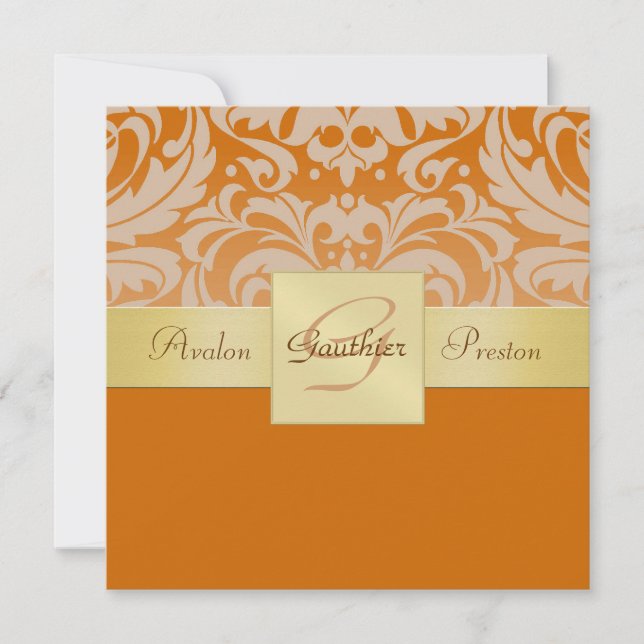 Orange Half Damask Monogram Gold Ribbon Invitation (Front)