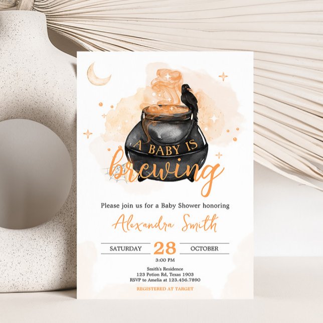 Orange Halloween A Baby is Brewing Baby Shower Invitation (Orange A Baby is Brewing Halloween Baby Shower Invitation)