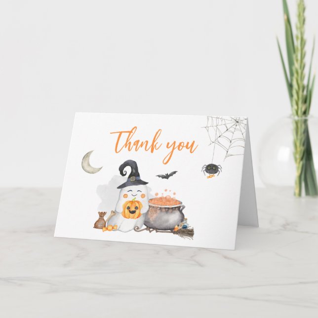 Orange Halloween Baby is Brewing Baby Shower Thank You Card (Front)