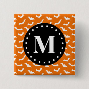 Orange Halloween Bat Pattern Black Monogram 15 Cm Square Badge