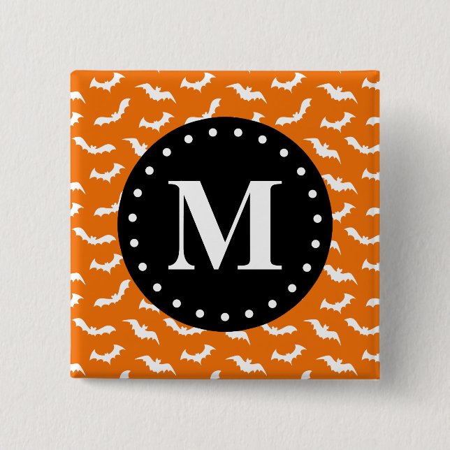 Orange Halloween Bat Pattern Black Monogram 15 Cm Square Badge (Front)