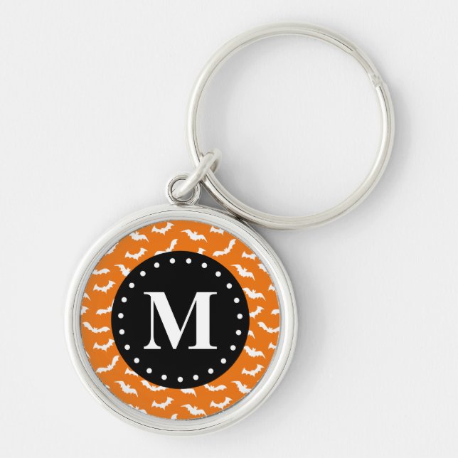 Orange Halloween Bat Pattern Black Monogram Key Ring (Front)