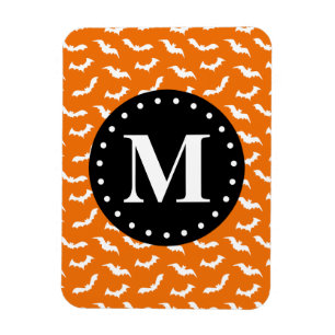 Orange Halloween Bat Pattern Black Monogram Magnet