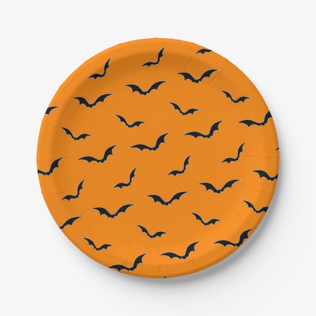 Orange Halloween Flying Bats Paper Plates (Front)