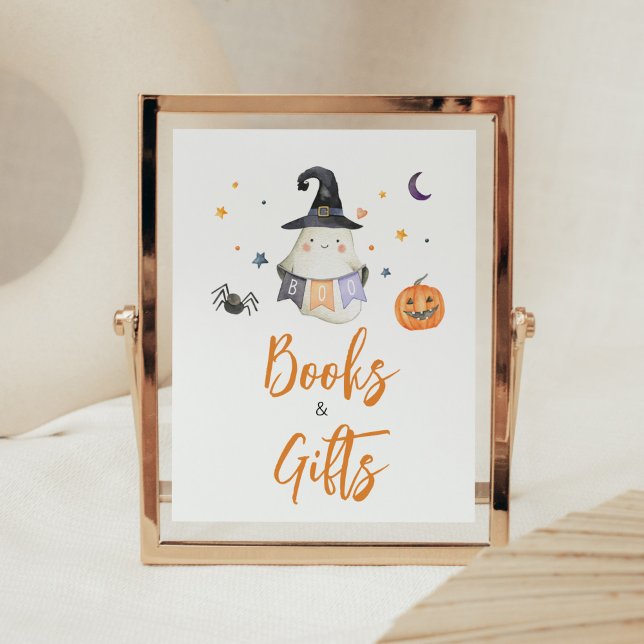 Orange Halloween Ghost Little Boo Books and Gifts Poster (Little Boo Baby Shower Books and Gifts Sign)