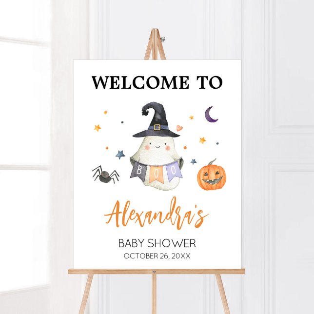 Orange Halloween Ghost Little Boo Welcome Poster (Little Boo Baby Shower Welcome Sign)