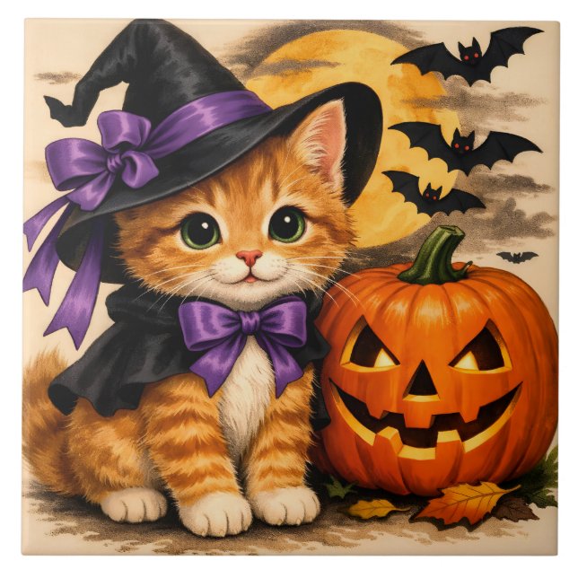 Orange Halloween Kitten with Pumpkin  Tile (Front)