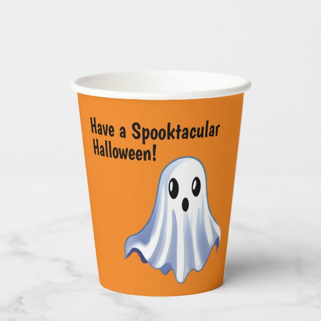 Orange Halloween Paper Cups with Cute Ghosts (Back)